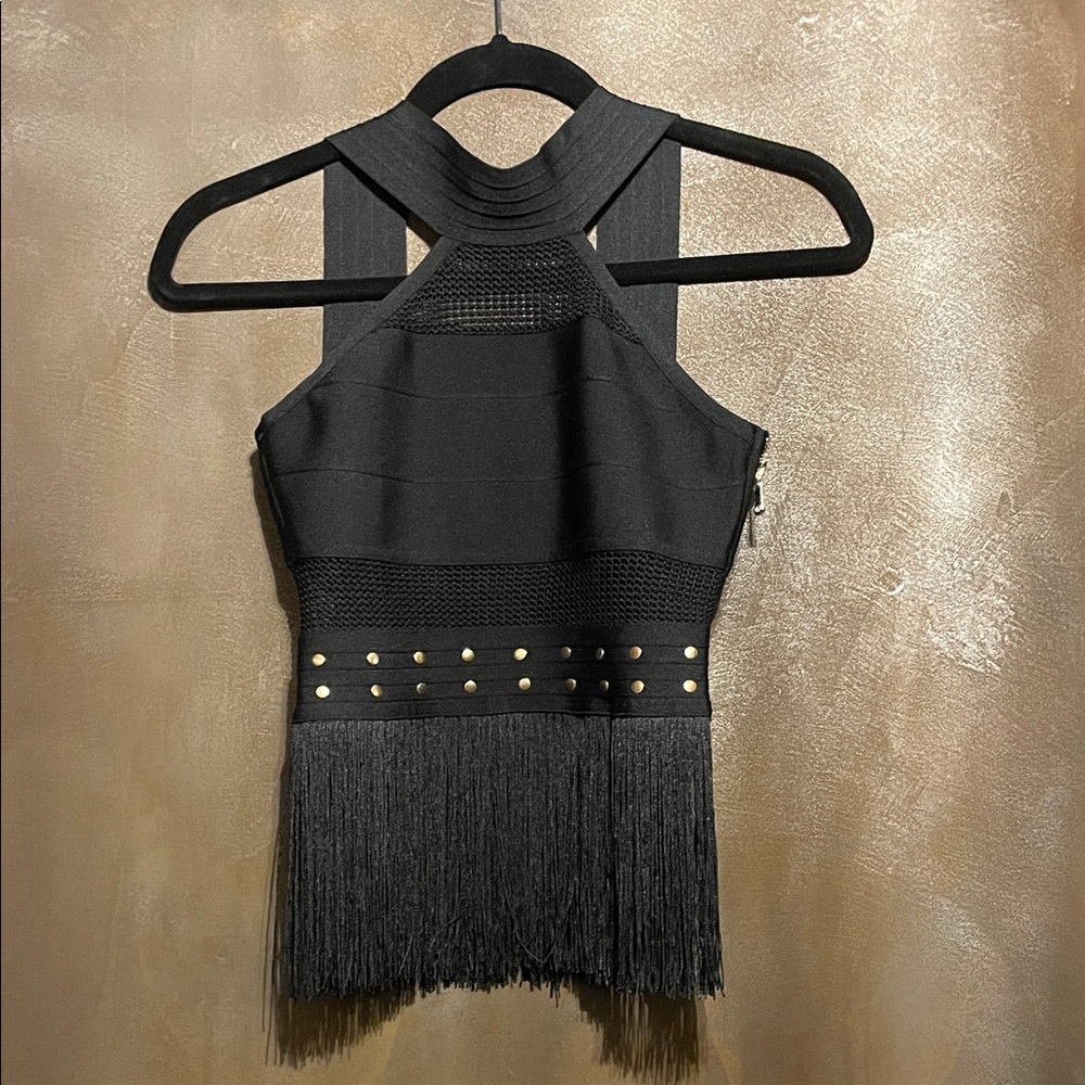 Karen Millen Black Fringed Halter Crop Top with Gold Studs